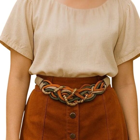 Vintage Stretch Braided Belt Size L to XL Earth Tone Woven Gold Hook - Picture 11 of 11